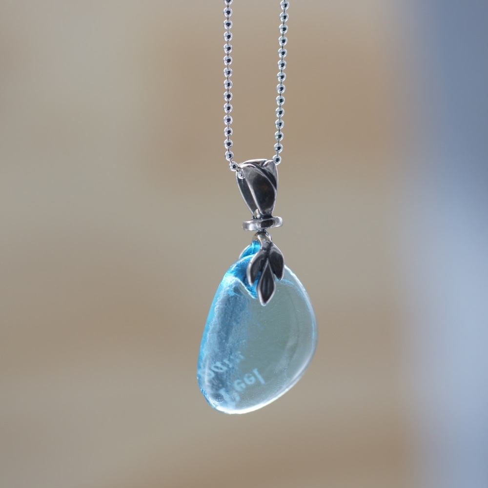 Light Blue Glass Necklace Recycle Gin Alcohol Bottle Silver Nature Leaf Seaglass